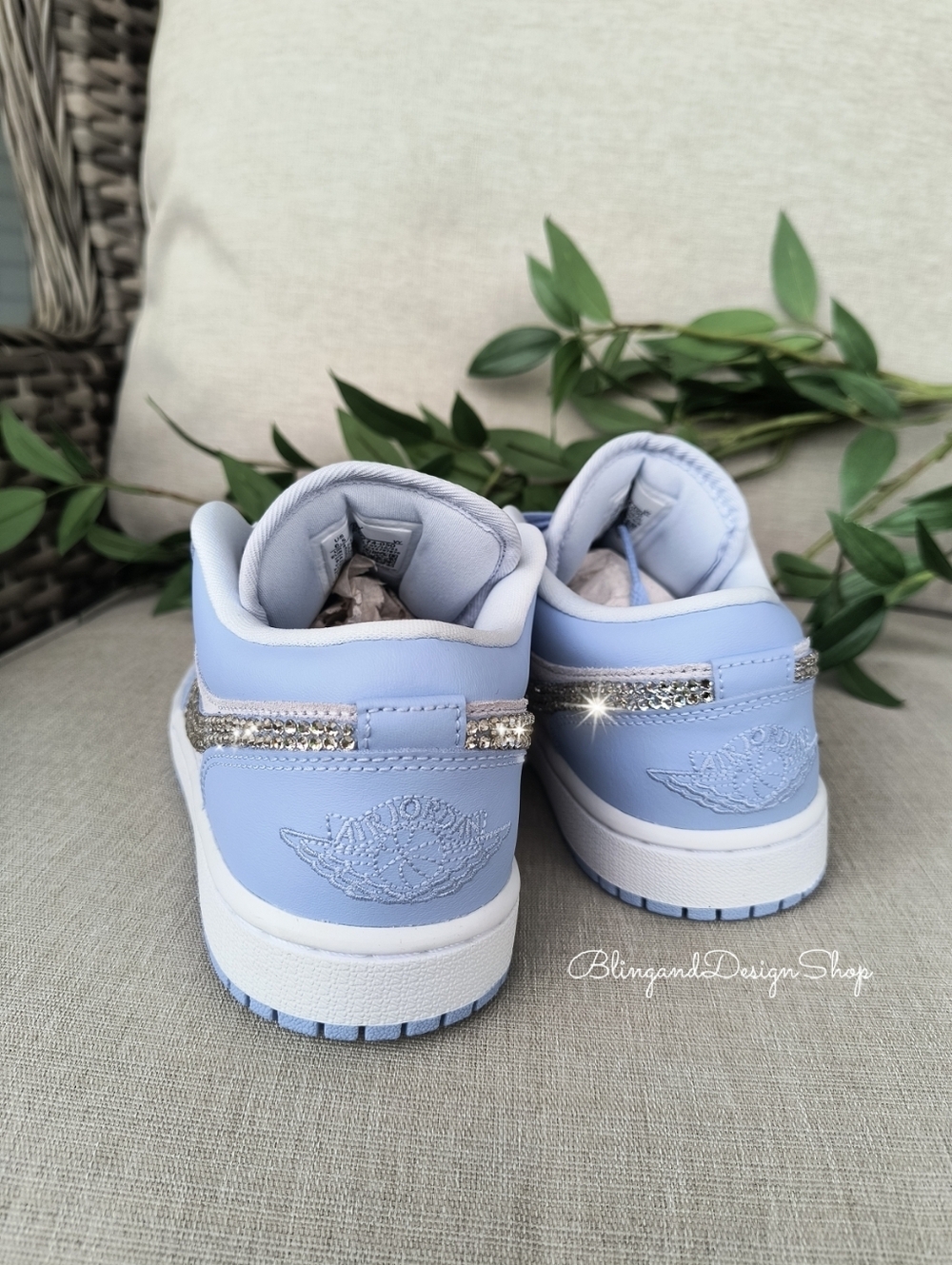 Bling Nike Air Jordan 1 Low Blue White Women's Sneakers Customized With Crystals - Picture 4 of 6
